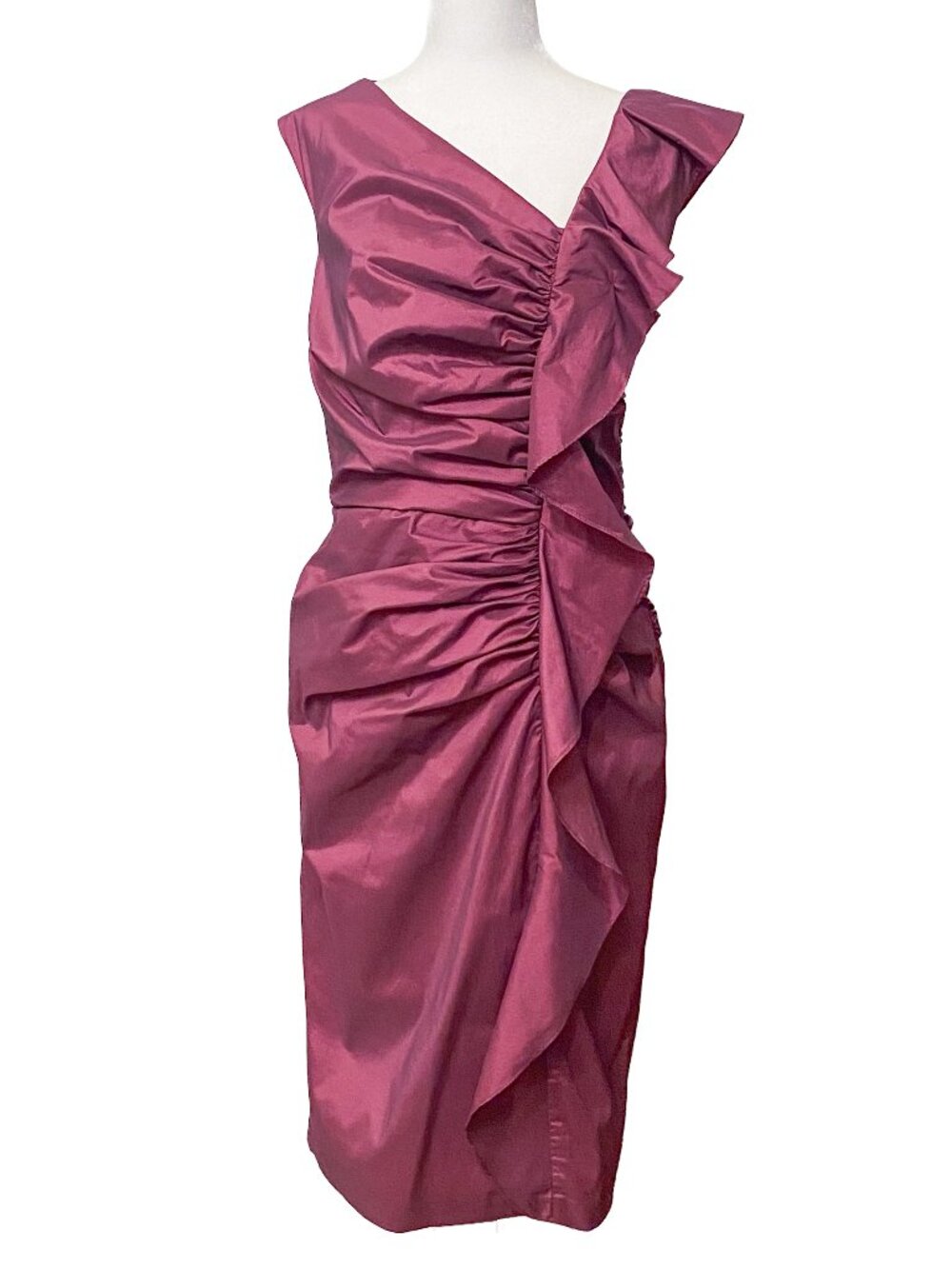 TADASHI SHOJI Ruched Taffeta One Shoulder Ruffle Cocktail Dress Mauve Plum 6